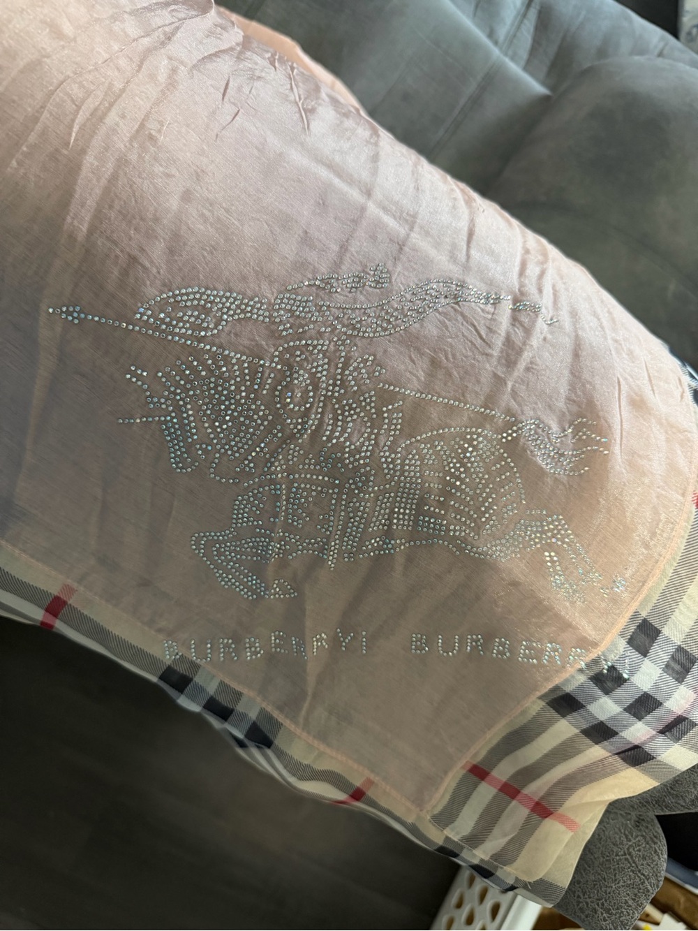 Burberry FAKE Pink Crystal Logo Silk Scarf Wrap with Nova Check Trim
